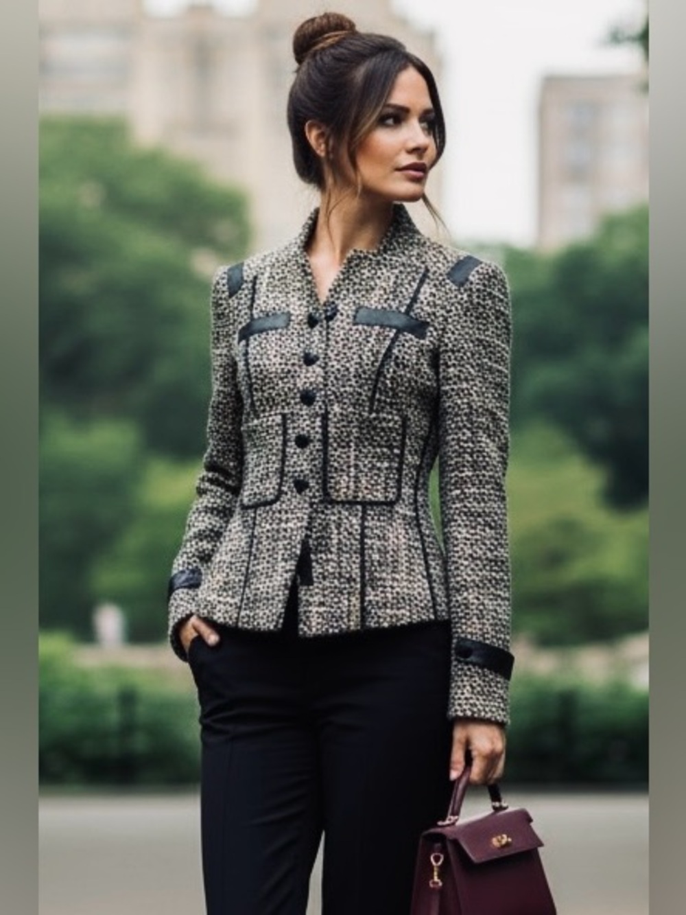 Vintage Worth New York Tweed Leather Trim Jacket | Size 8